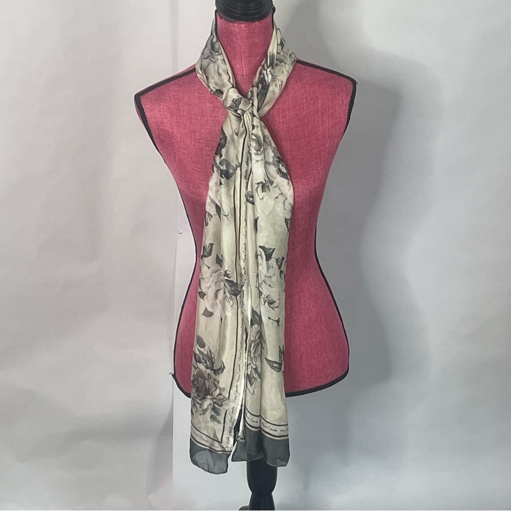 Vince Camuto womens silk scarf head wrap hijab grey floral quiet luxury dainty
